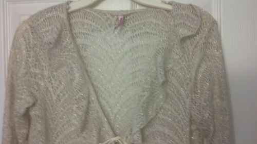 Heart Soul Gold Shimmery Open Knit Cardigan Sweater/Jacket M/L Ruffled shirt top