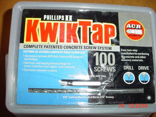200 new 3/16 x 2 3/4 kwiktap philips hexhead concrete anchors with several bits for sale