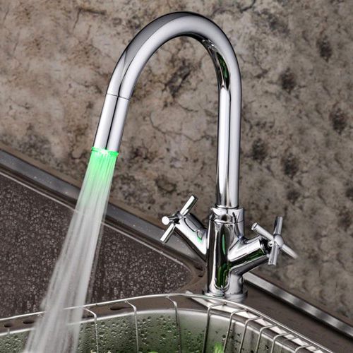 Double Handle Modern LED Kitchen Faucet Tap in Chrome Finished Free Shipping