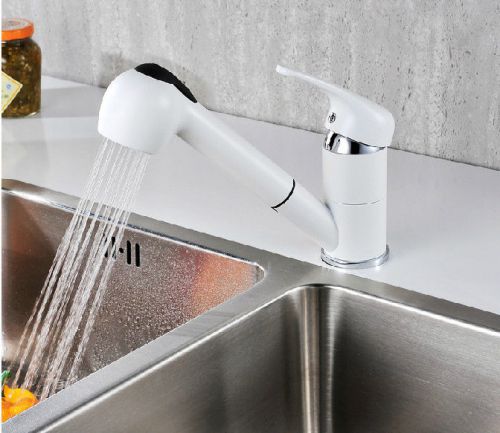 White Pull-out Kitchen Sink Faucet Single Handle Single Hole Mixer Tap