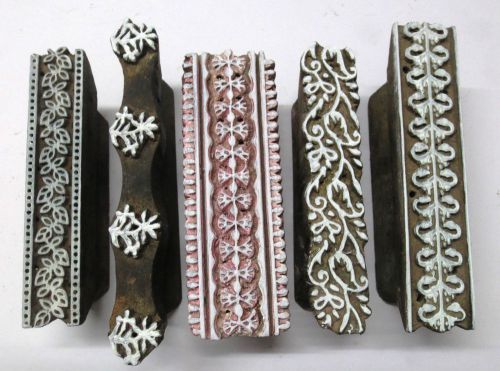LOT OF 5 WOODEN HAND CARVED TEXTILE PRINTING ON FABRIC BLOCK STAMP UNIQUE BORDER