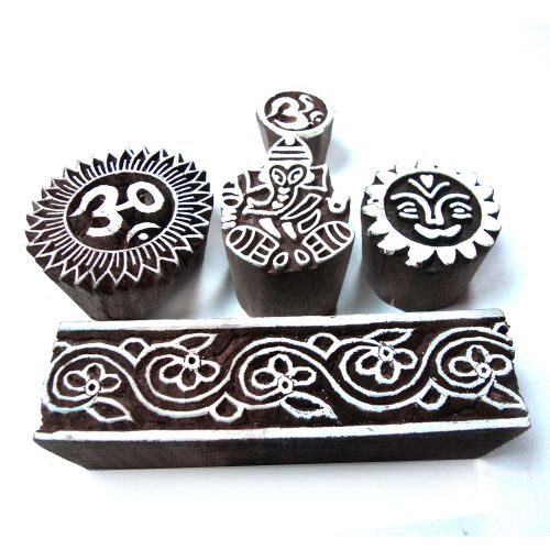 Religious Motifs Hand Carved Wooden Block Printing Tags (Set of 5)