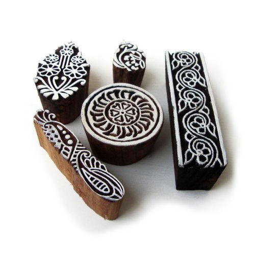 Hand carved floral pattern wooden printing tags (set of 5) for sale