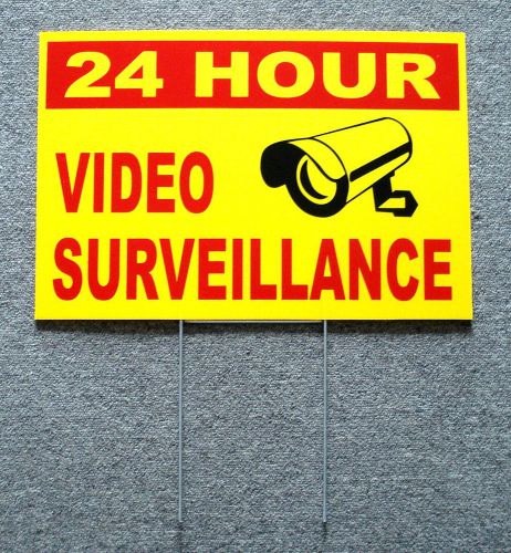 24 hour video surveillance coroplast sign 12x18 w/stake new yellow for sale