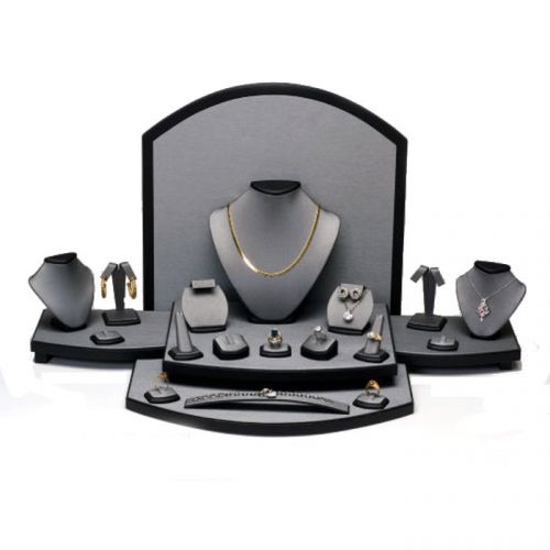 GREY LEATHERETTE DISPLAY SET SHOWCASE COUNTER TOP JEWELRY DISPLAY STAND