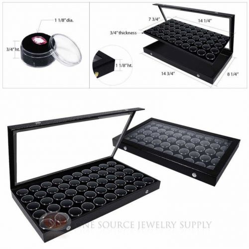 (2) black acrylic snap top display cases w/ black 50 gem jar gemstone inserts for sale