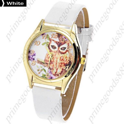 Owl Bird Round PU Leather Lady Ladies Wrist Quartz Wristwatch Women&#039;s White