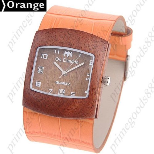 Square Wood Wooden PU Leather Lady Ladies Wrist Quartz Wristwatch Women&#039;s Orange
