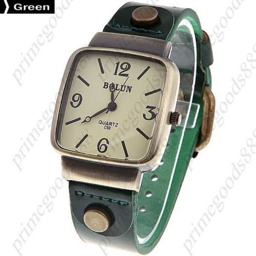Square Case PU Leather Unisex Quartz Wrist Watch in Green Free Shipping