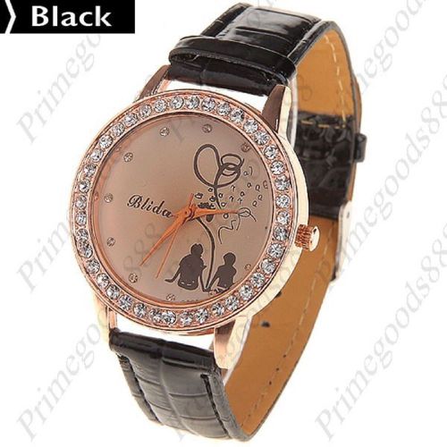 Round Synthetic Leather Rhinestones Quartz Wrist Wristwatch Women&#039;s Black