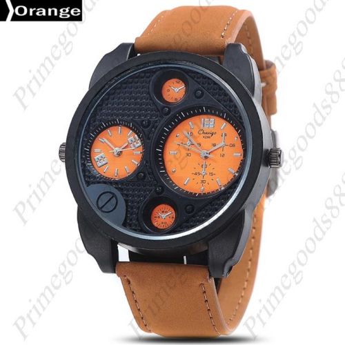 2 Time Zone Leather Strap Wrist Wristwatch Quartz Analog Men&#039;s Black Face Orange