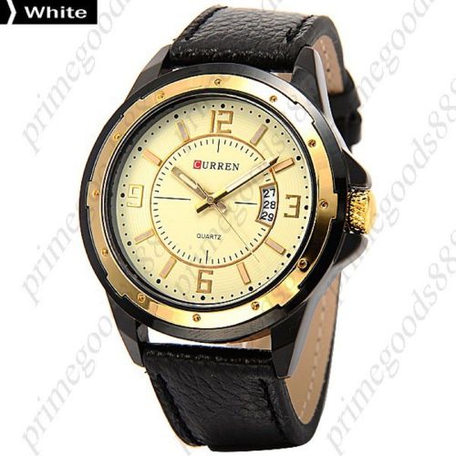 Gold golden real leather date quartz analog free shipping men&#039;s wristwatch white for sale