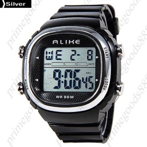 LCD LED Square Waterproof Digital Alarm Stopwatch Date Men&#039;s Wristwatch Silver