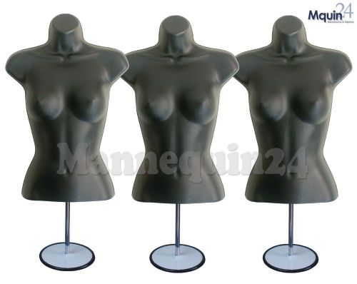 3 black female mannequin forms w/3 metal stands +3 hanging hooks woman torso p76 for sale