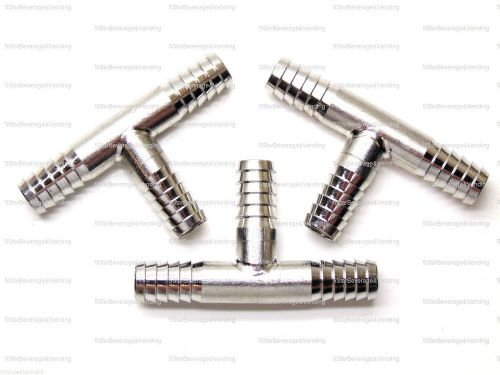 (3) food grade stainless steel 3/8&#034; barb t tee hose fittings, adapter, splicer for sale