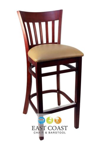 New gladiator mahogany vertical back wooden bar stool with tan vinyl seat for sale