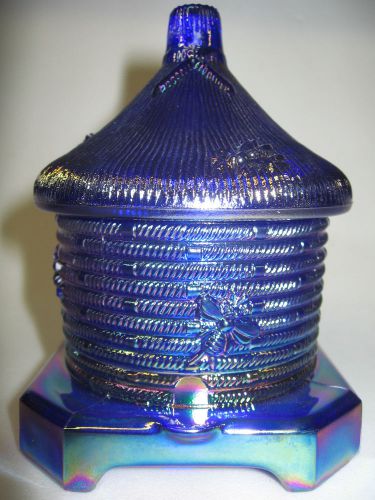 Cobalt Blue carnival glass serving honey pot bee hive pattern jar art iridescent