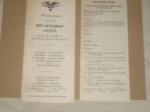 1941-42 Intl Geneva Assoc Hotel Restaurant Courses Brochure Waldorf Biltmore +