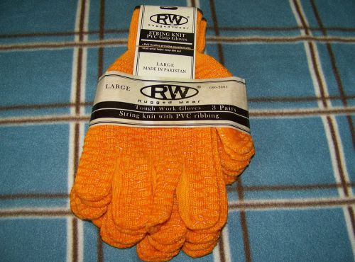 Rugged Wear String Knit PVC Grip Gloves Orange size Large - 3 pair pack NEW