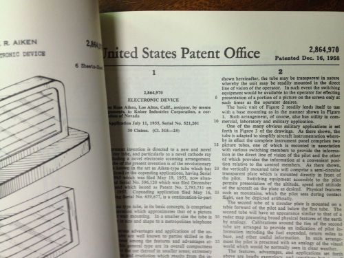 VINTAGE US UNITED STATES PATENT OFFICE ELECTRONIC DEVICE DEC 1958 TUBE