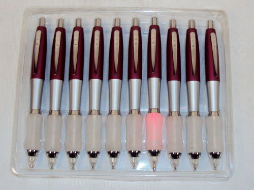 Lot of 10 Ballpoint Pens ~ Maroon &amp; Silver Case w/Red LED Gel Grip Light