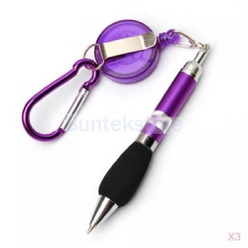 3 x Retractable Badge Reel Pocket Pen with Metal Belt Clip &amp; Carabiner--Purple