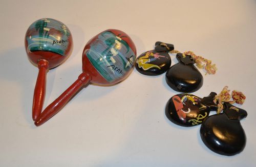 Set of 2 Castanet from Spain Pair of Maraca Mexico Assorted Wood Percussion