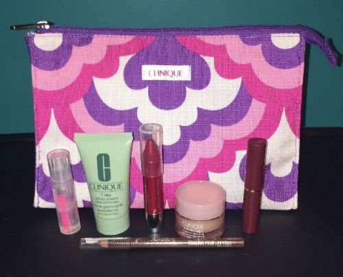 Clinique Make Up Bag 6 Piece Gift Set New! Lipstick, Eyeliner, Mositurizer