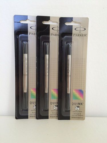 3 Parker Quink Fine Rollerball Black Ink Refill Cartridges - New