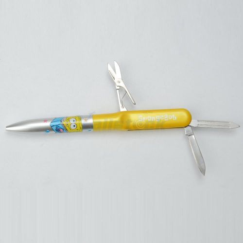 Plastic Metal Multifunctional SpongeBob Ballpoint Pen with Small Scissor &amp; Knife