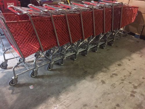 9 cherry red medium plastic shopping cart used &amp; reconditioned with chrome frame for sale