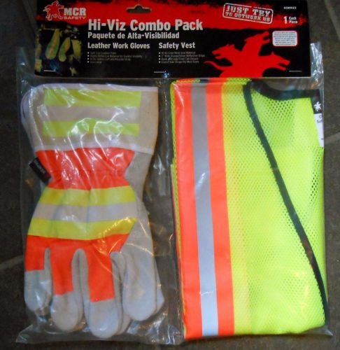 Mcr safety hi - viz combo pack leather work gloves safety vest new for sale