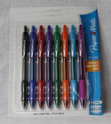 New Pkg of 8 PaperMate Profile Retractable 1.4mm Point Ballpoint Pens, 8 Colors.