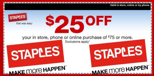 Staples Coupon/Code $25 Off $75 for IN STORE/ONLINE. Reg priced items. SAME DAY