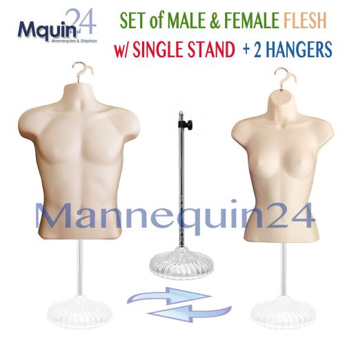 2 FLESH MANNEQUINS + 1 STAND + 2 HANGERS: SET of MALE &amp; FEMALE TORSO BODY FORMS