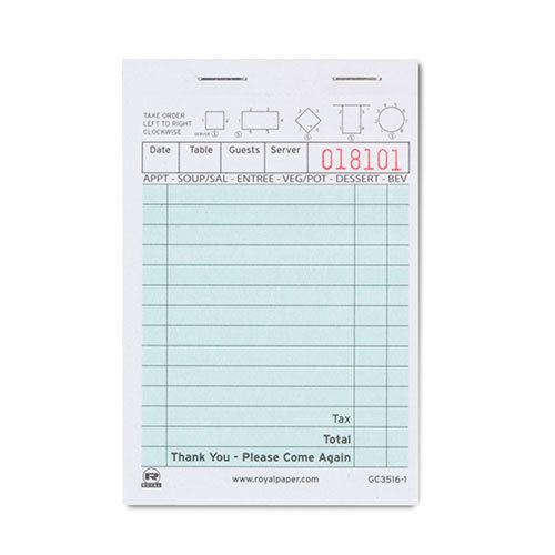 Royal green guest check paper, 1 part booked, case of 100 books, gc3516-1 for sale