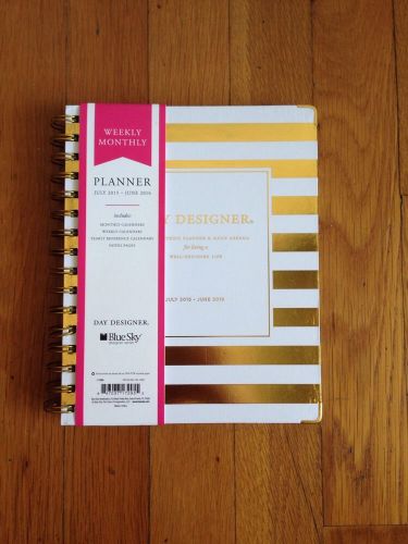 Whitney English Day Designer Blue Sky Weekly/Monthly Planner. Gold Stripe 8x6
