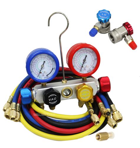 4 way manifold 4-valve gauge hose set r410 r22 r134a professional ac/hvac new for sale