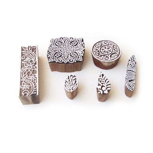 Assorted and Floral Hand Made Pattern Wood Block Print Stamps (Set of 6)