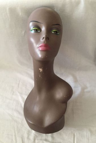 Vintage Mannequin Wig Head African American Brown Eyes Green Glitter Makeup 18.5