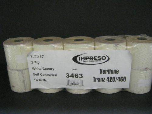 TWO PLY VERIFONE TRANZ 420/460 SELF CONTAINED ROLLS. 10 PACK. 2 1/4&#034; X 70&#039;