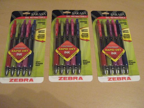 LOT (3) 5 Pack Zebra Sarasa 46885 Gel RT Fashion Pens, Assorted Colors, 15 pens