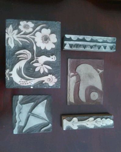 Five Carved Linoleum Wood Print Ink Blocks