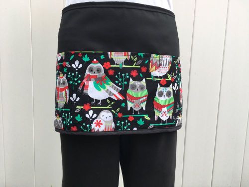 Black Christmas Owls server waitress waist Half apron 3 pocket restaurant Cafe