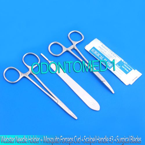 WEBSTER NEEDLE HOLDER 5&#034;+MOSQUITO FORCEPS CRV 5&#034;+SCALPEL HANDLE #3+5 BLADES #15