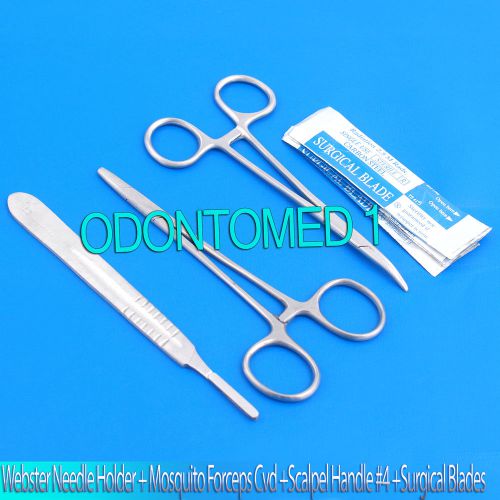 WEBSTER NEEDLE HOLDER 5&#034;+MOSQUITO FORCEPS CRV 5&#034;+SCALPEL HANDLE #4+5 BLADES #22