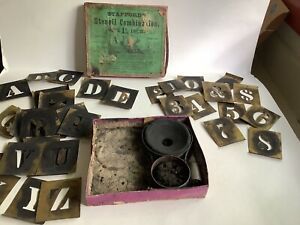 Antique Stafford Brass 1 1/4 Inch Stencil Set Alphabet Numbers Original Box