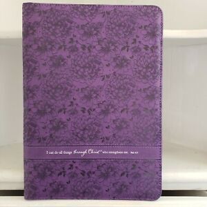 Christian Art Gifts Zip Binder Purple Embossed Floral Paper Card Slots Notebook