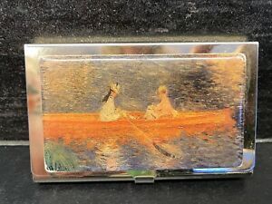 Vtg Ladies Metal Shabby Cottage Scene Lake Gold Tone Business Card Holder