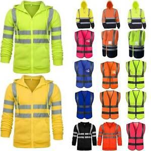 Men Jacket Hi Viz Vis Visibility Work Hoodies Sweatshirt Reflective Zip Up Coats